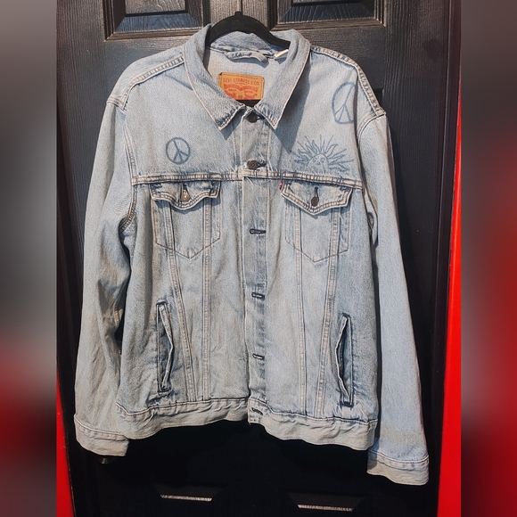 Denim Jacket with Peace Sign Embroidery - Picture 1 of 16